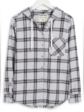 Garage Grey Plaid Hooded Flannel Boyfriend Fit Button Down - Medium
